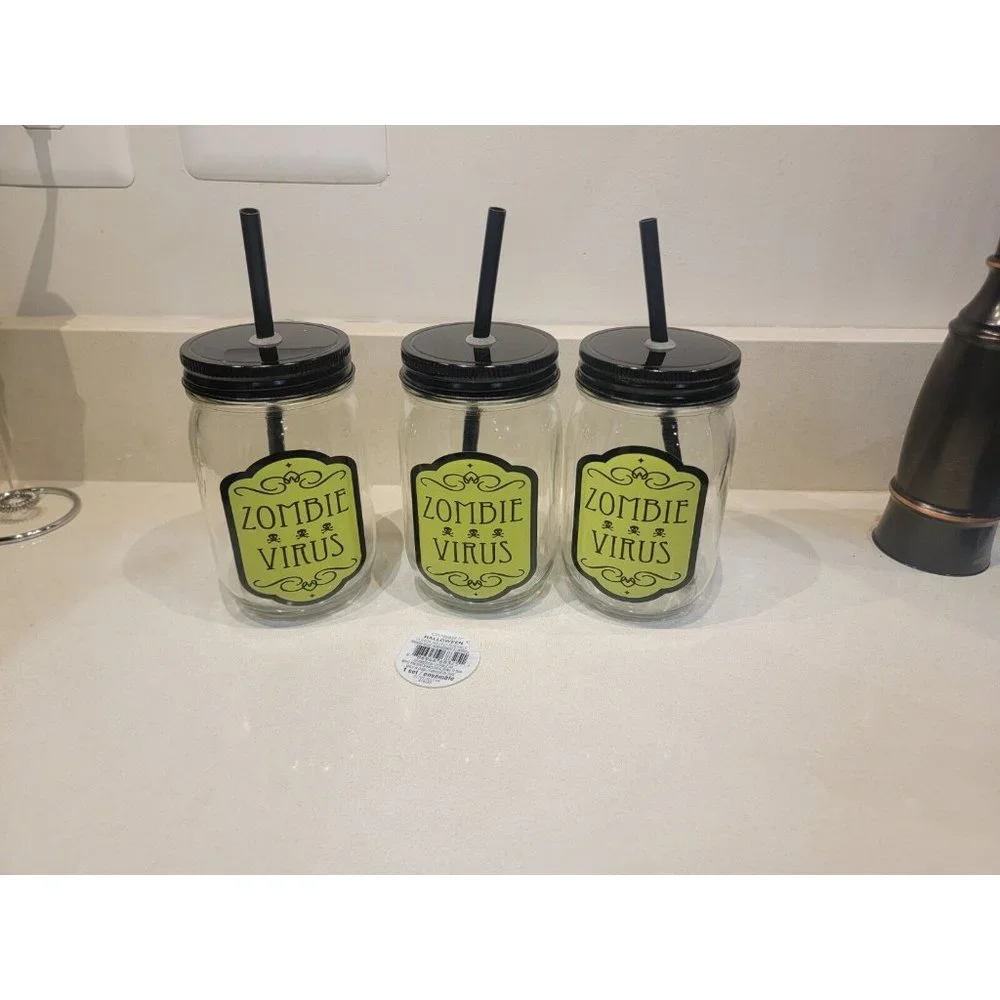 Halloween Zombie Virus Mason Jar Mug Glasses Lids Straws Lot‎ of 3 New